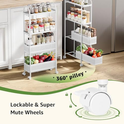 KINGRACK 4 Tier Slim Rolling Cart with Drawer, Metal Utility Storage Cart - color: White, size: 4 Tier-2BKT
