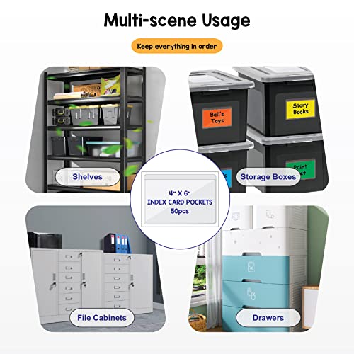 IMAGAME Clear Adhesive 4" x 6" Index Card Pockets, Labels Holders, 50 Pack - size: 4-5/8" x 6-5/16" for 4" x 6" Cards