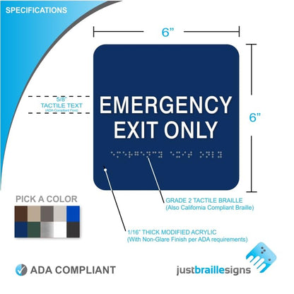 ADA EMERGENCY EXIT ONLY braille sign, 6” x 6”, ADA Compliant Emergency Exit Sign for Building or Business, Many Colors Choices, Made in USA! (Black) - color: Black