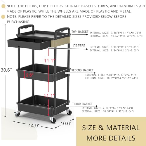 Goovilla 3 Tier Rolling Utility Cart Organizer with Removable Drawer, Black - size: 3 Tier, style: Black
