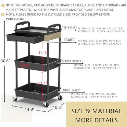 Goovilla 3 Tier Rolling Utility Cart Organizer with Removable Drawer, Black - size: 3 Tier, style: Black