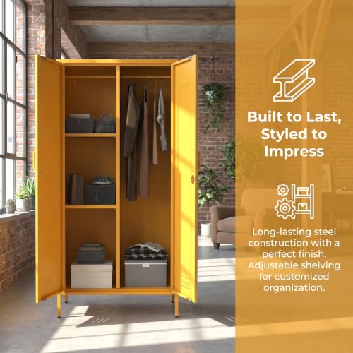 Metal Armoire Wardrobe Closet, 67" Tall Yellow Lockable Wardrobe Cabinet with 2 Doors, Hanging Rod and Adjustable Shelves, Steel Clothing Storage Cabinet for Bedroom, Home, Cloak Room, Gym, Office - color: Mustard, style: Wardrobe-67"H-JS