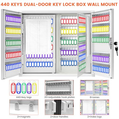 440 Keys Dual-Door Key Lock Box Wall Mount with 20 Adjustable Hook Plates - color: White, size: 440 Keys