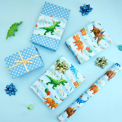 WERNNSAI Dinosaur Reversible Wrapping Paper Birthday Boy, 33 ft Blue Dino - color: Dinosaur C