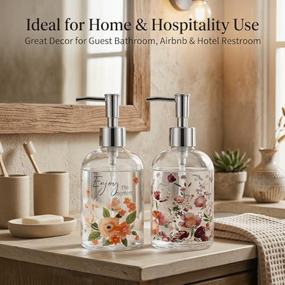 Topadorn Glass Soap Dispenser Set of 2, 17oz Floral Pump Bottles - color: Pink Floral