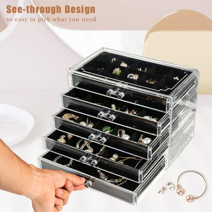 GUOER Earring Organizer, Acrylic Jewelry Box with 5 Drawers for Women,Black - color: Black