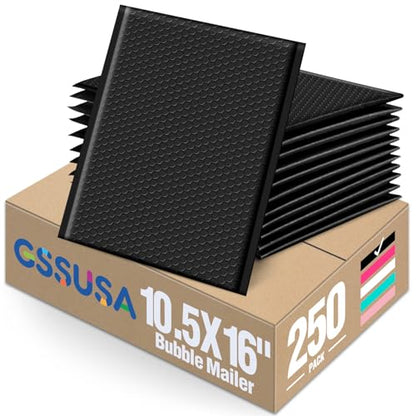 GSSUSA Black Bubble Mailers 10.5x16" 250 Pack Padded Envelopes Self Seal - color: Black, size: 10.5x16 250PC
