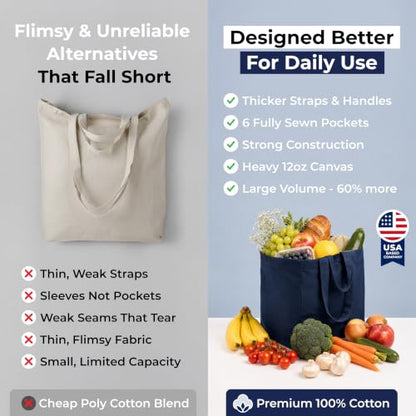 VeraMia Canvas Grocery Bag 3pc XL Set with Real Pockets, Long Shoulder Strap and Short Handle. Heavy Duty, Foldable, Washable - color: Navy Blue