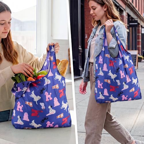 Stelle Lightweight Reusable Grocery Bag with Handles Ripstop Nylon Foldable Tote Shopping Bags for Travel and Groceries - color: Puppy Parade|blue