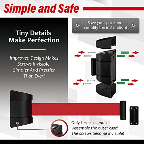 DuraSteel Wall Mount Crowd Control Retractable Belt Barrier - 6.5 Ft Red Retractables Barrier Belt w/ABS Casing, Do Not Enter Crowd Control Barriers Line Divider NOT Stanchions with Retractable Belts - color: Red Belt, size: Guardian 2.0 Black Body