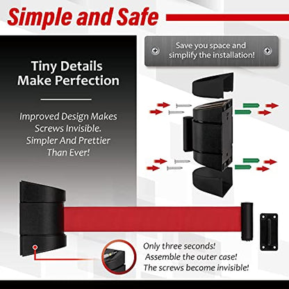 DuraSteel Wall Mount Crowd Control Retractable Belt Barrier - 6.5 Ft Red Retractables Barrier Belt w/ABS Casing, Do Not Enter Crowd Control Barriers Line Divider NOT Stanchions with Retractable Belts - color: Red Belt, size: Guardian 2.0 Black Body