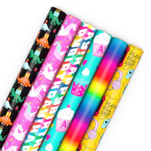 Hallmark Kids Wrapping Paper, 6 Rolls (Dinosaurs, Unicorns, Rainbows) - style: Dinosaurs, Unicorns, Rainbow, Video Games