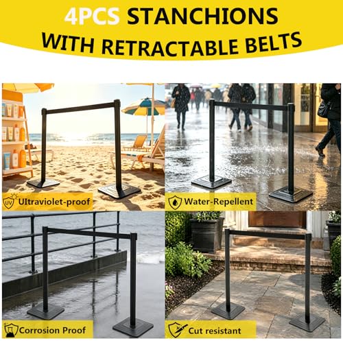 4 Pack Crowd Control Stanchions with 10FT Retractable Black Belt - color: BLACK BELT