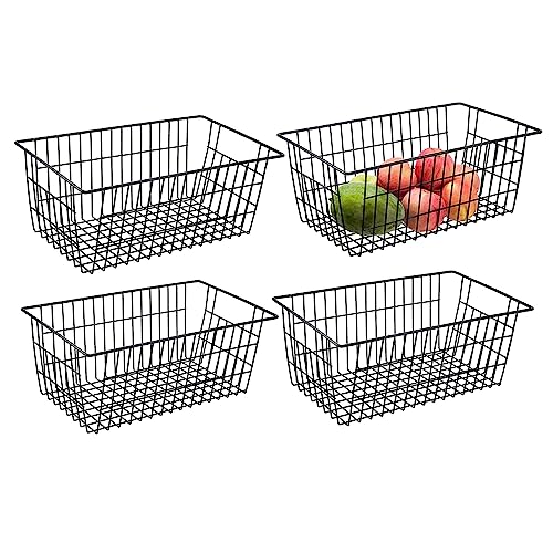 Redrubbit Wire Storage Baskets, Large Farmhouse Metal Freezer Basket Storage Organizer Bins with Handles for Kitchen Cabinets, Pantry, Closets, Bedrooms, Bathrooms, Set of 4, Black - color: Black, size: 4 Pack