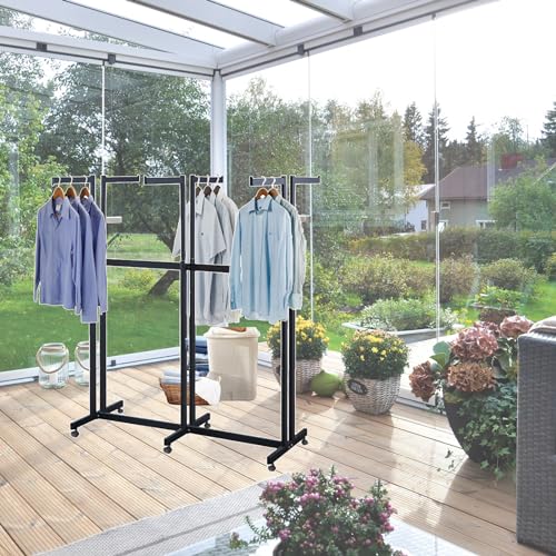 Floor Standing Metal Garment Rack - Heavy Retail Display Racks With Wheels, 6 Arms Clothing Rack, Square Tubing Portable Shirt Racks, Merchandise Display For Hanging Clothes (Black) - color: Black