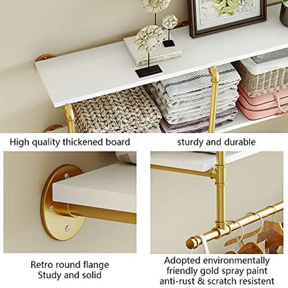 Gold Wall Mounted Clothes Rack with 2 Tier Shelves, 42" Long, Heavy Duty Iron and Wood Construction, Ideal for Clothes, Laundry Room - color: Gold, size: 42"L