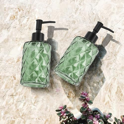 Green Glass Soap Dispenser with Pump, 12 oz Refillable Soap Dispenser, Diamond Textured Hand & Dish Soap Bottle for Bathroom, Kitchen, Lotion & Shower Gel - color: Diamond Green