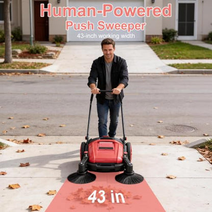 43" Walk-Behind Hand Push Floor Sweeper, 15 Gallon Waste Container, 46000 Sq Ft/H Efficiency, Angle & Height Adjustable Folding Handle for Yard, Garage, Patio & Walkway Cleaning (Red) - color: Red