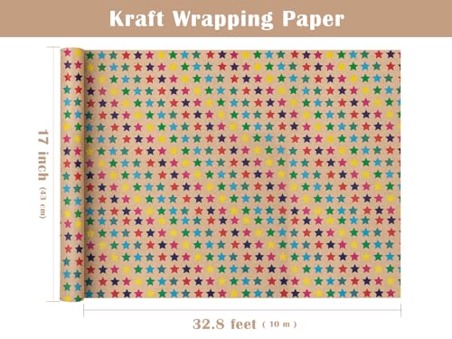 WRAPAHOLIC Kraft Wrapping Paper Roll - Striped Brown Kraft Paper for Birthday Gift Wrapping - 17in x 32.5in Each Roll, Total 46 Sq. Ft. - Stars - color: Stars, size: 1 roll (Pack of 1)