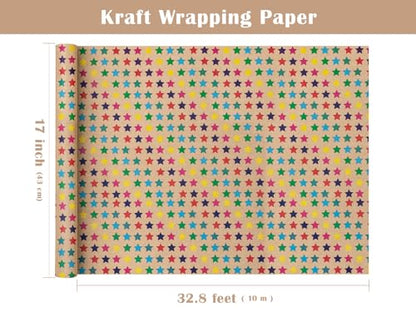 WRAPAHOLIC Kraft Wrapping Paper Roll - Striped Brown Kraft Paper for Birthday Gift Wrapping - 17in x 32.5in Each Roll, Total 46 Sq. Ft. - Stars - color: Stars, size: 1 roll (Pack of 1)