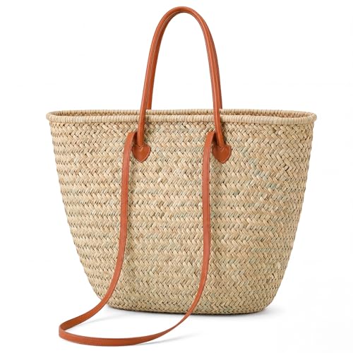 Oversized Boho Straw Basket Tote Bag Large Woven Beach Bag for Summer, Picnic, Shopping, Travel & Bridal Shower - style: French Vintage