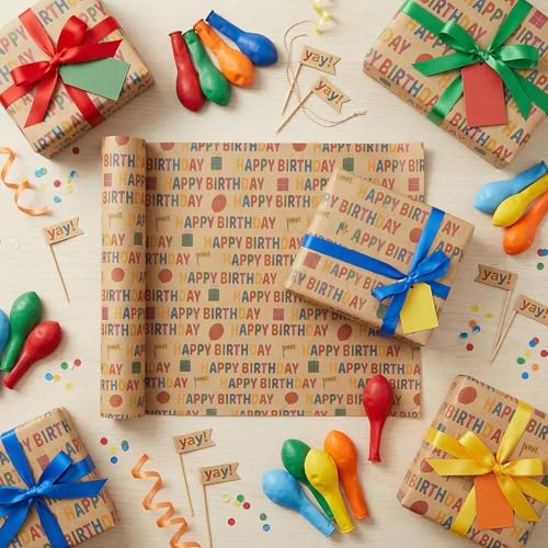 VOWOVOSDAY Birthday Wrapping Paper,Gift Wrapping Paper Roll,Kraft Wrapping Paper-17 inch X 33 Feet Per roll,Colorful Happy Birthday Pattern for Boys Girls,Baby Shower(10Happy Birthday) - color: Kraft Happy Birthday