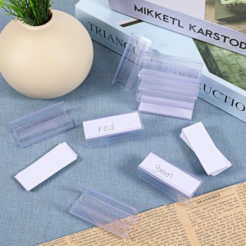 100 Pcs Shelf Label Holder,Clear Plastic Price Tag with Non-adhesive Paper Label Inserts 2.4 in L x 1 in H for Bookshelf Shelves, Wood Shelf Sign and Ticket Holder,Clips On to Shelves 3/4" to 1" Thick