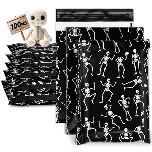 JarThenaAMCS 100Pcs Halloween Poly Mailers 10 x 13 Inch Black Dancing Skeleton Packaging Bags Self Seal Mailing Envelope Bags for Small Business Clothing - style: Dancing Skeleton