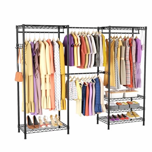 Heavy Duty Closet Garment Rack, Metal Clothes Racks Wardrobe with Shelf - color: Black