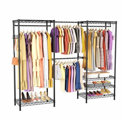 Heavy Duty Closet Garment Rack, Metal Clothes Racks Wardrobe with Shelf - color: Black