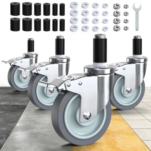 HOLKIE Caster Wheels Locking 5 Inch Expanding Stem Casters, Threaded Swivel Casters Set of 4 Heavy Duty Castors, Fit 1", 1-1/4", 1-2/5",1-1/2", 1-5/8" ID Stainless Steel Table, Cart, Furniture Legs - style: 5 Inch