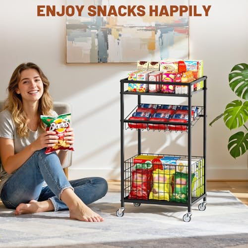 Fruit Vegetable Cart, 3-Tier Snack Cart on Wheels & Wood Top, Black - color: Black, size: 3 Tier(12 in)