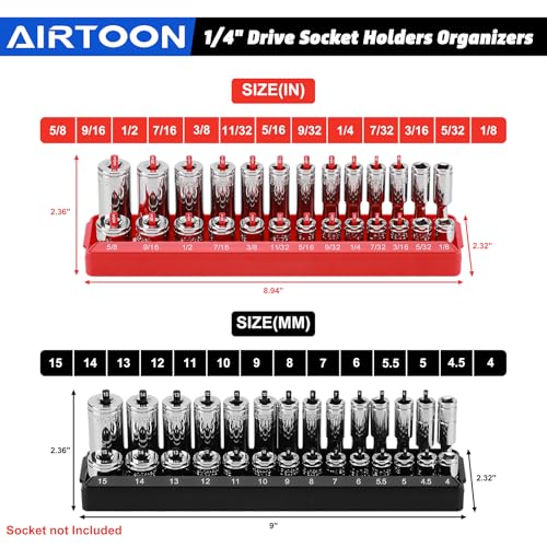 8-Piece Socket Organizer Trays, SAE and Metric Socket Tray Set, 1/4", 3/8", and 1/2" Drive Deep and Standard Socket Holders Organizers for Toolbox, Black & Red - size: 8PCS METRIC&SAE