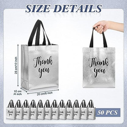 Fumete 50 Pcs Silver Glossy Thank You Gift Bag with Handles - color: Silver