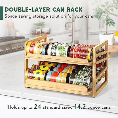 Yumkfoi Rolling Bamboo Can Organizer Rack, Stackable Can Storage - style: For 24 cans with rolling filling design