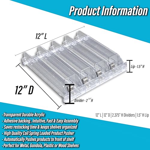 Auto Feed Shelf Product Pusher Kit, Adjustable Width Merchandise Pushing System (1, 12" Kit) - [4 Shelf Pushers + 5 Dividers] - size: 12" Kit