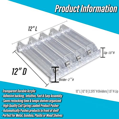 Auto Feed Shelf Product Pusher Kit, Adjustable Width Merchandise Pushing System (1, 12" Kit) - [4 Shelf Pushers + 5 Dividers] - size: 12" Kit