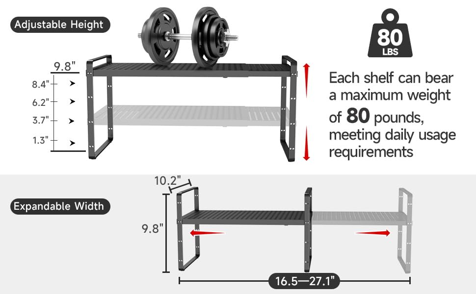 16.5~27.1" Expandable Shelf with Hole，2Pack 8.1" Wide Stackable Cabinet Shelves，Black - color: Black, size: 2Pcs // 8''W-K
