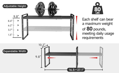 16.5~27.1" Expandable Shelf with Hole，2Pack 8.1" Wide Stackable Cabinet Shelves，Black - color: Black, size: 2Pcs // 8''W-K