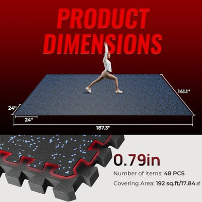 SUPERJARE 0.79'' Extra-Thick 48 Pcs 192 Sq Ft Exercise Equipment Mats - color: Black/Blue, size: 48 Tiles (192 Sq Ft)