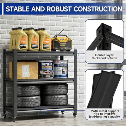 Storage Shelves with Wheels, Heavy Duty Metal Storage Shelving Unit, 3-Tier Adjustable Industrial Shelving Rack for Garage, Basement, Pantry (Black, 32" H × 34" W × 18" D)