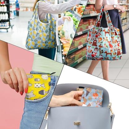 Reusable Grocery Bags, 6 Pack Foldable Shopping Bags Colorful Printed - color: Lemon 6 Pack