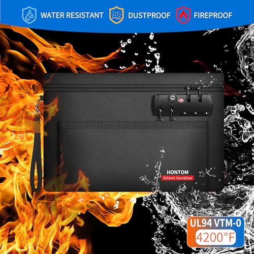 Hontom Double Layer Fireproof Money Bag for Cash with Lock & Hidden Zipper - color: Black