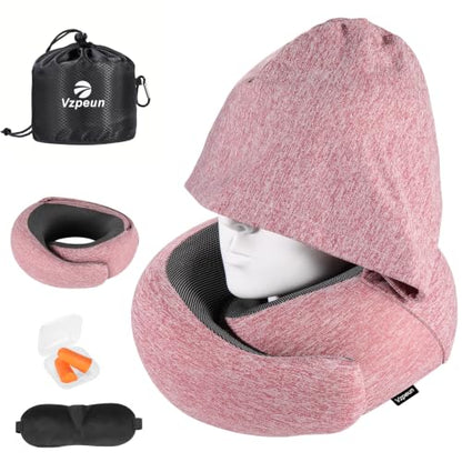 Travel Pillow - Hooded Neck Pillow Airplane Memory Foam Filling (Red) - color: Red