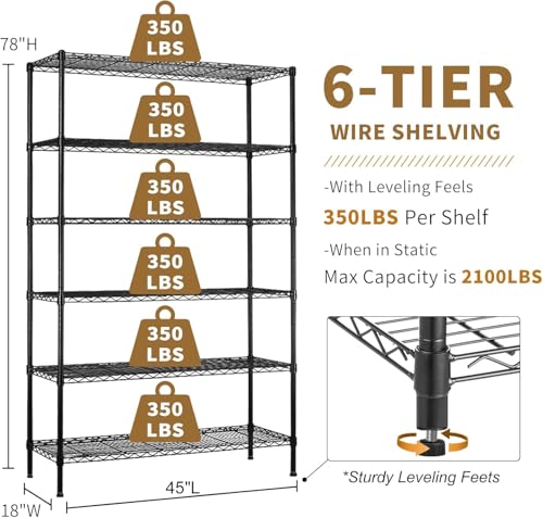 Wire Shelving Unit with Wheels, 6 Tier Adjustable Storage Shelves - color: Black, size: 18"D x 45"W x 82"H