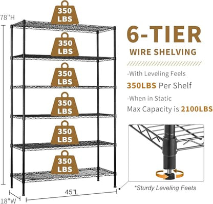 Wire Shelving Unit with Wheels, 6 Tier Adjustable Storage Shelves - color: Black, size: 18"D x 45"W x 82"H