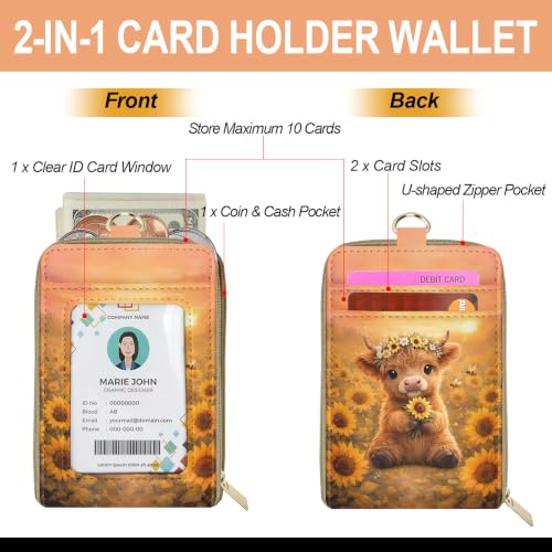 Highland Cow Sunflower Lanyard Wallet Credit Card Holder Small Wallet for Women, Slim RFID Blocking ID Badge Holder Keychain with Zipper Coin Pocket, Thin Travel Card Case with ID Window Ladies Gifts - color: Highland Cow Sunflower Yellow