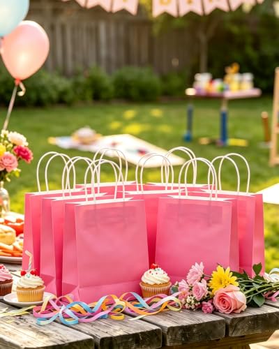 qiqee 24PCS Mini Gift Bag with Handles Bulk 4.5"x2.5"x6" Gift Bags Pink Bags Multiple Uses - color: Pink