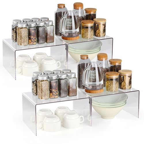Clear Acrylic Cabinet Organizer Shelf 4Pcs, Stackable Cabinet Shelves, Dish Organizer for Cabinet, Kitchen Cabinet Organizer Riser, Pantry Cupboard Storage for Spice Bottles, Mugs, Small Plates & Jars