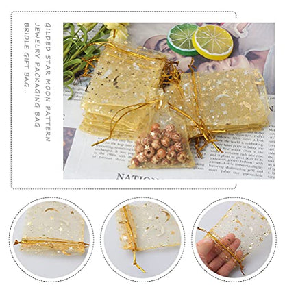 SUMAJU 100 Gold Moon Star Organza Favor Bags with Drawstring 2.7x3.5 Inch - color: Gold 2.7x3.5 Inch